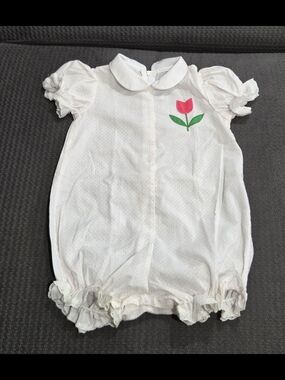 Vintage White Baby Girl Romper with Pink Tulip